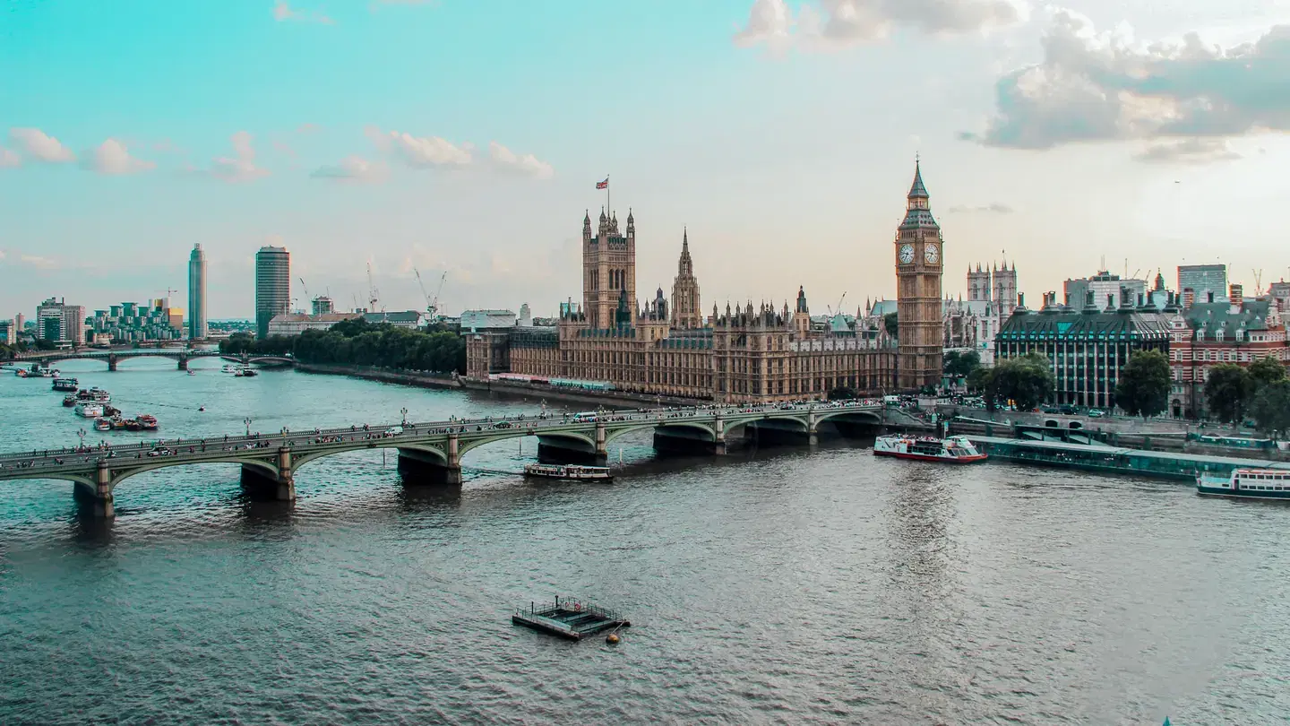 Aerial view of the River Thames, Westminster and central London